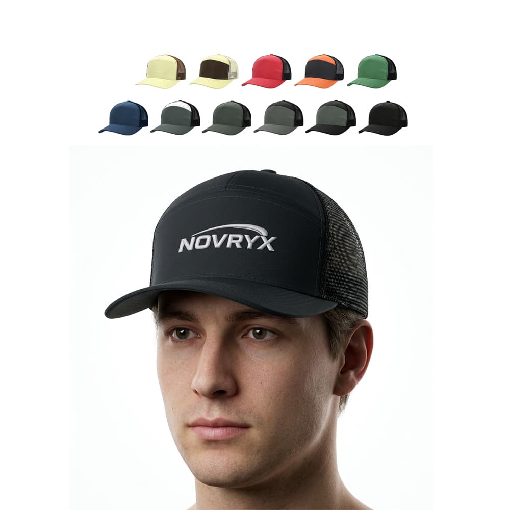 7 Panel Flat Bill Mesh Trucker Snapback Cap